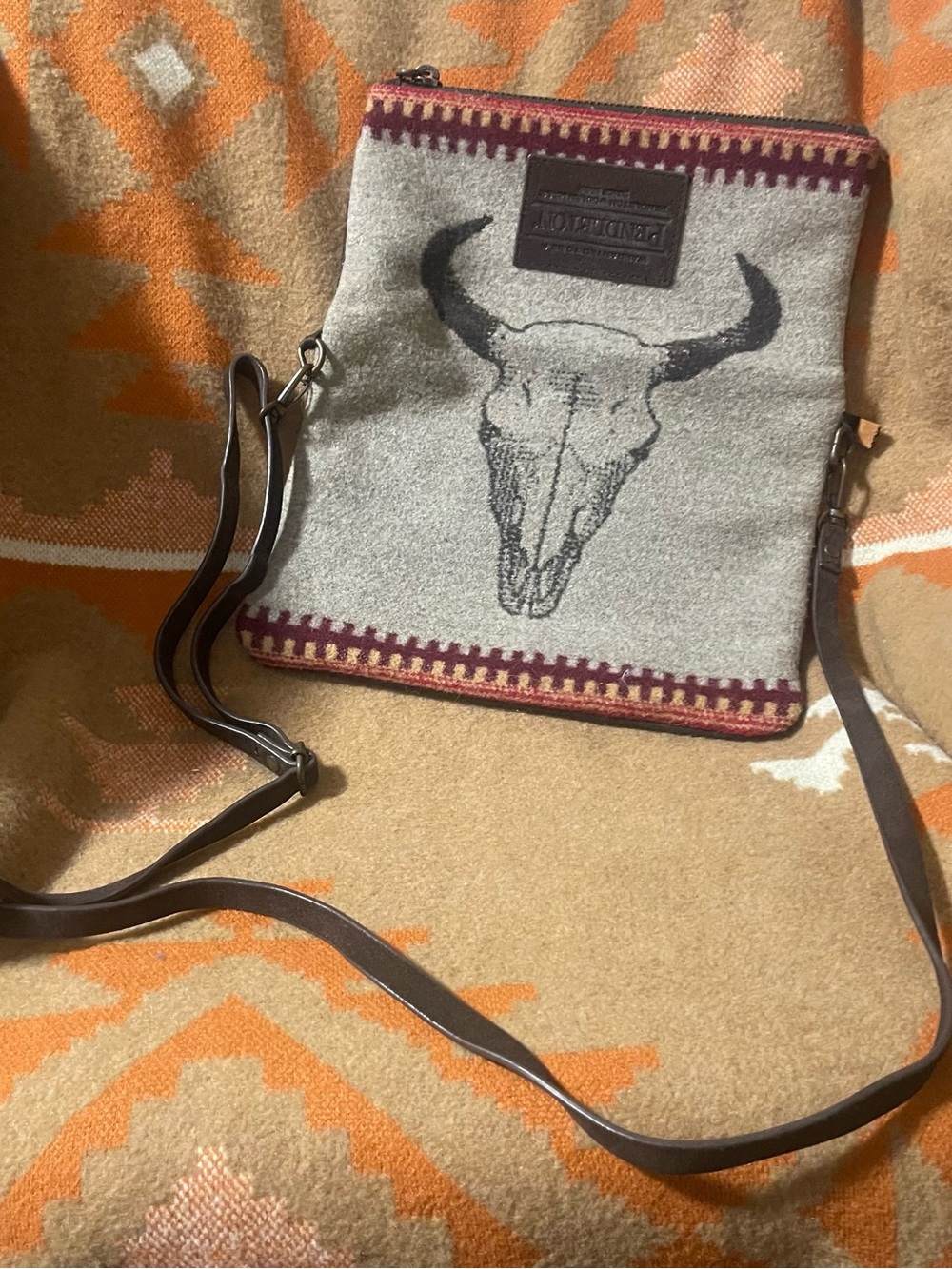 Pendleton Gray Wool Messenger / Crossover Bag with Bull Skull